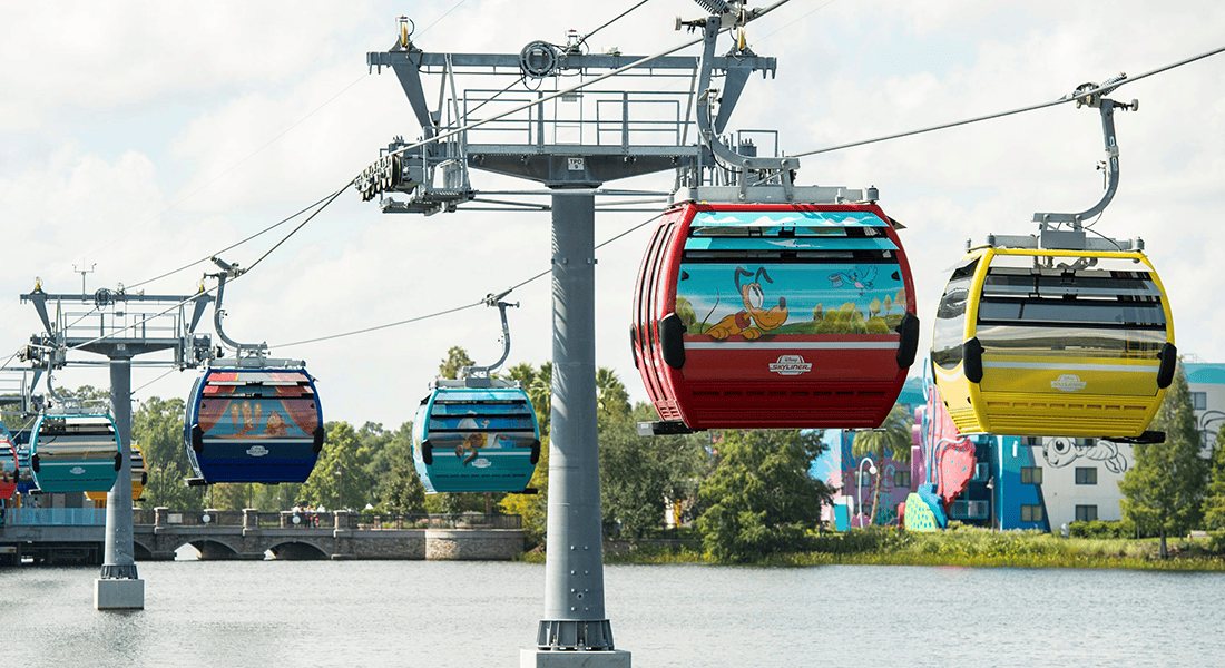 Disney Skyliner carries guests high above Walt Disney World Resort in Florida. The state-of-the-art transportation system features custom cabins that glide through the air, conveniently transporting guests between Disney’s Hollywood Studios and Epcot to four resort hotels – Disney’s Art of Animation Resort, Disney’s Caribbean Beach Resort, Disney’s Pop Century Resort and Disney’s Riviera Resort. (David Roark, Photographer ©Disney) 