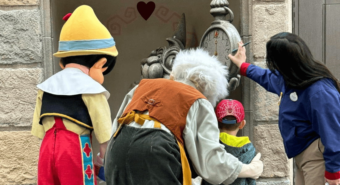 Pinocchio and Geppetto took Carson and his brother on a tour of Fantasyland, and 'it's a small world.'