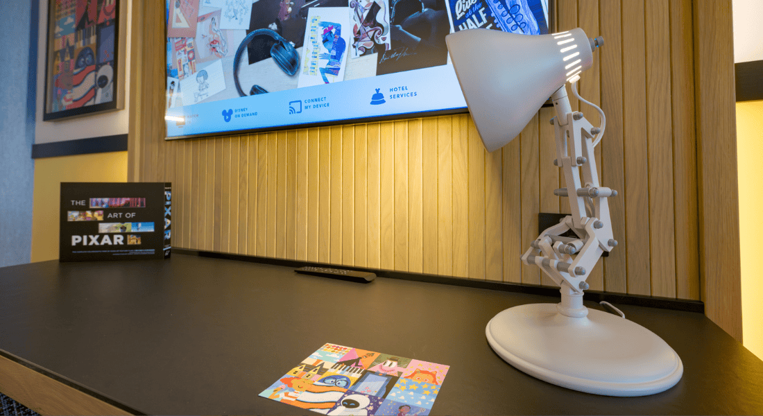With whimsical nods to Pixar Animation Studios, such as lighting reminiscent of the Pixar Lamp and pillows inspired by the Pixar Ball, guests can enjoy themed guest rooms in a comfortable and contemporary setting at Pixar Place Hotel at Disneyland Resort in Anaheim, Calif. (Richard Harbaugh/Disneyland Resort)