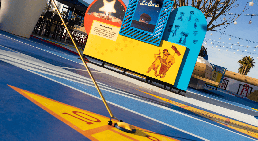 Guests can enjoy their stay by heading to the Pixar Shorts Court on the rooftop deck of Pixar Place Hotel at Disneyland Resort in Anaheim, Calif., with interactive games and imaginative free play inspired by Pixar’s famous short films “La Luna,” “Bao,” “For the Birds” and “Burrow.” (Christian Thompson/Disneyland Resort)
