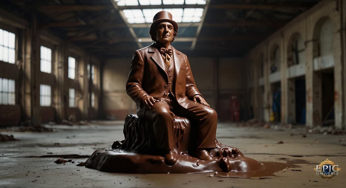 Guests of WonkyVision will come across a life-sized statue of Willy Wonka made out of expired chocolate. Epic Universe spared no expense for this creation, which is said to have a Golden Ticket in its stomach. 