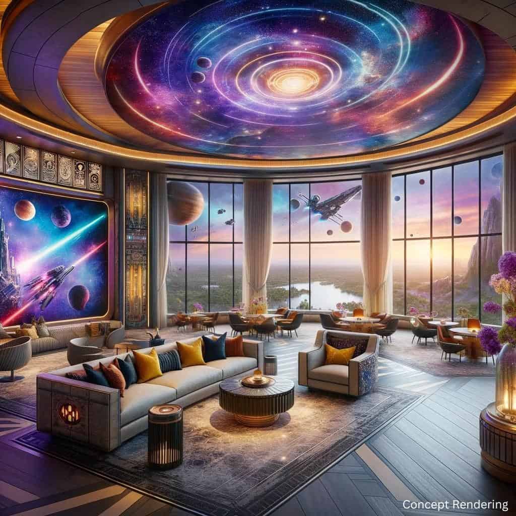 The Galactic Residences atrium takes inspiration from the Guardians of the Galaxy experience. Windows will look into space and other world terrain when "landing" in new areas.