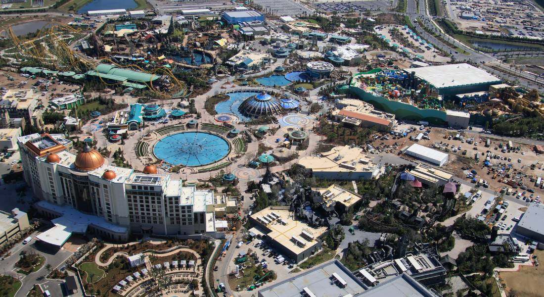 This aerial photo of Epic Universe was taken by @bioreconstruct (on X) in February 2025 as the park nears completion. 