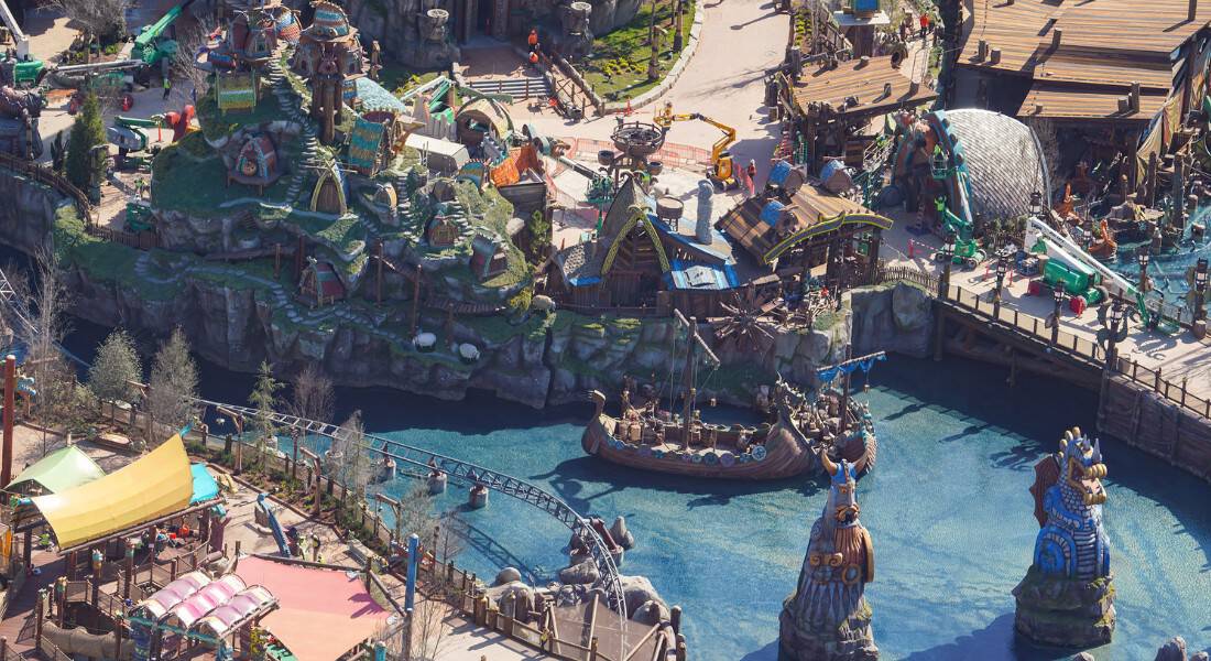 Aerial photo of section at How to Train Your Dragon – Isle of Berk world while under construction at Epic Universe (photo by @bioreconstruct on Twitter)