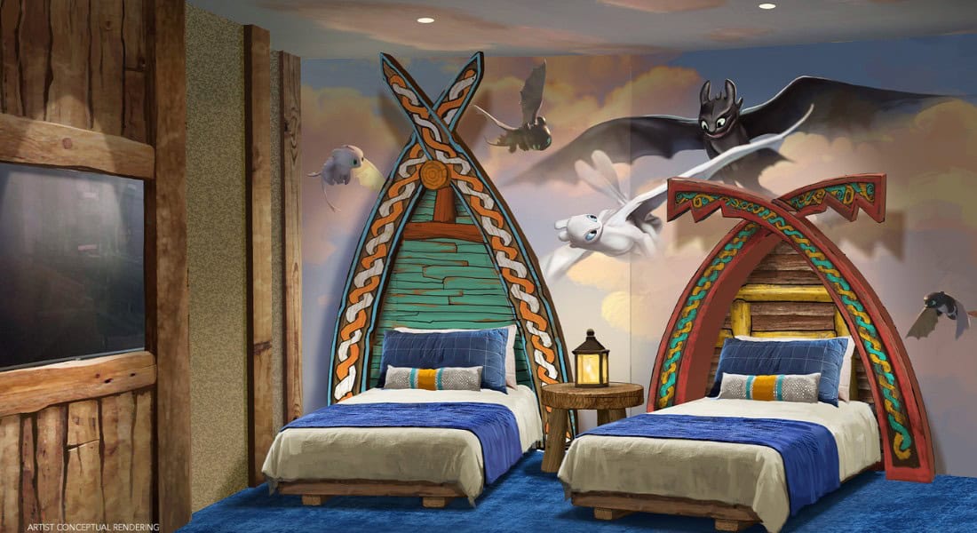 Unique to the Universal Helios Grand Hotel is the imaginative How to Train Your Dragon Kids’ Suites, where kids can take to the skies and rest amongst dragons in a colorful room inspired by the Viking village of Berk. (Photo: Artist rendering provided by Universal Orlando Resort)