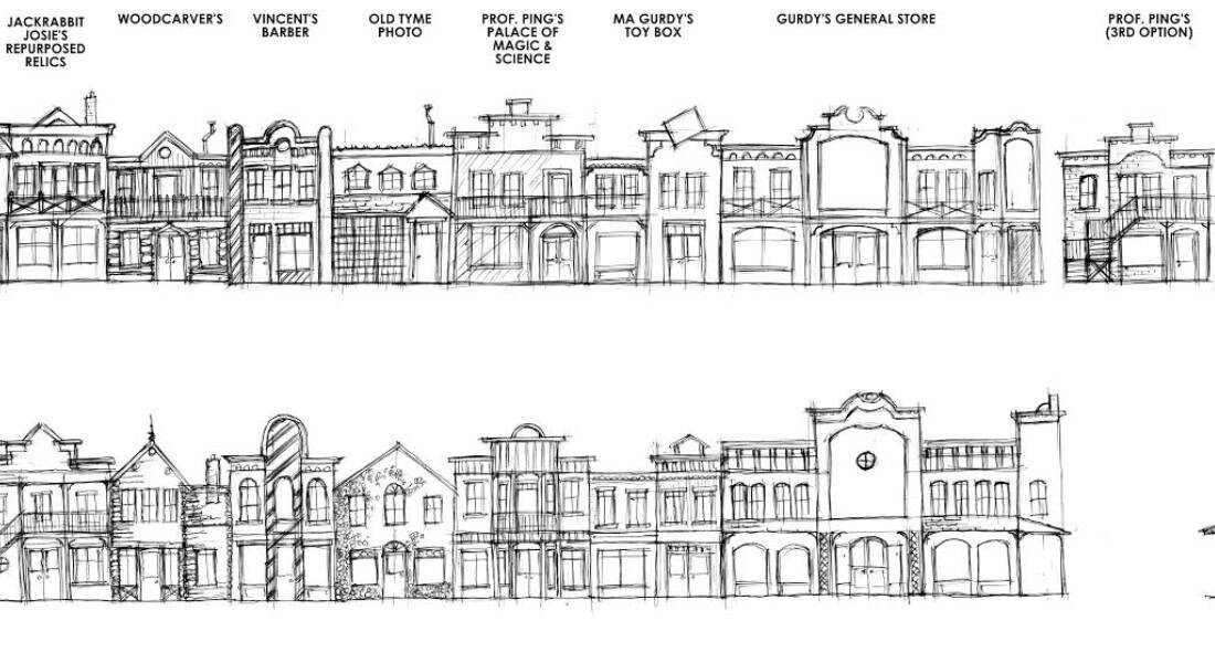 Concept sketches of Main Street buildings. Concept by Ron Vance