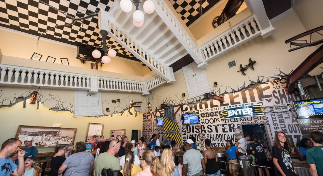 The upside-down lobby at WonderWorks Myrtle Beach carries on the theme from the outside. (photo courtesy of WornderWorks Myrtle Beach)