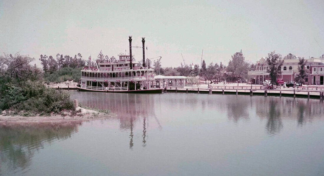 The Mark Twain Riverboat before Disneyland opened. Note the cars by the Golden Horseshoe Saloon.