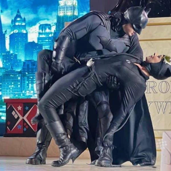 Batman and Catwoman share a moment.