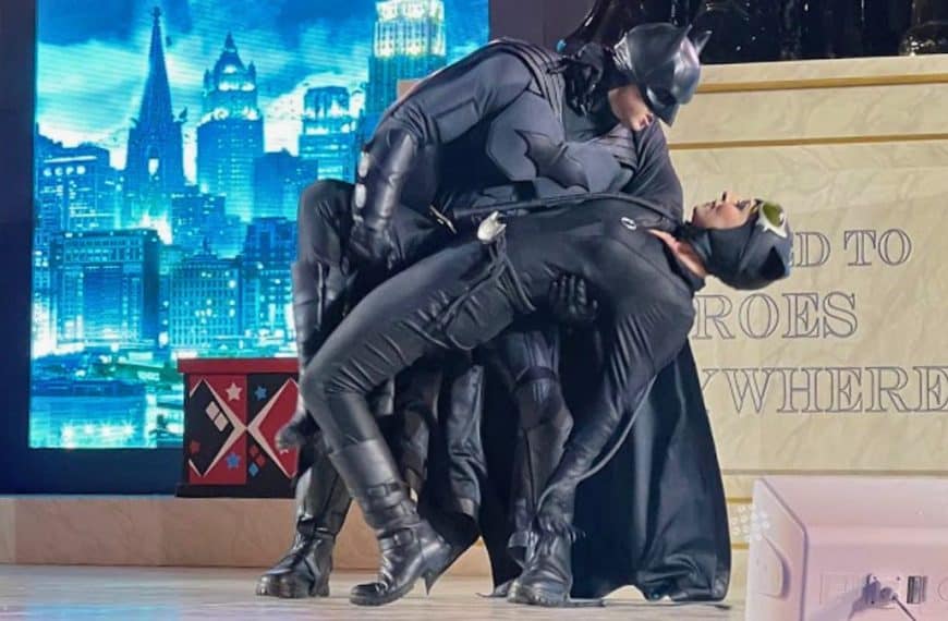Batman and Catwoman share a moment.