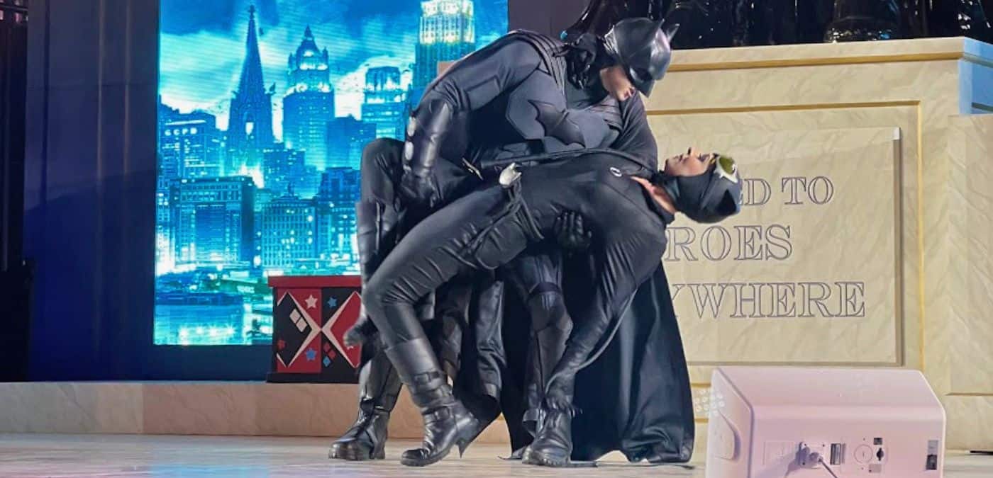 Batman and Catwoman share a moment.