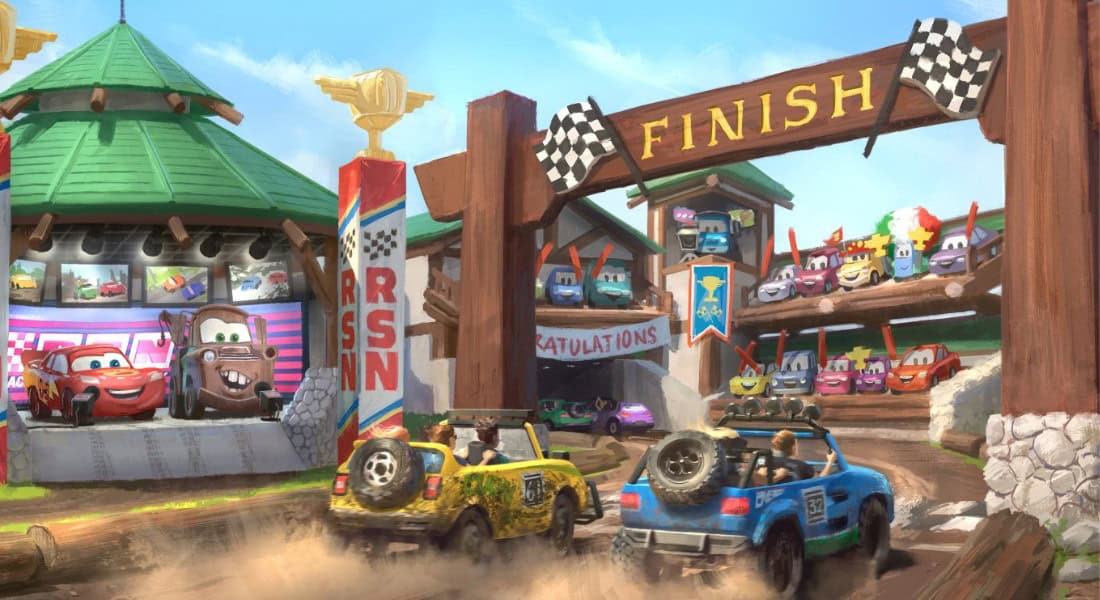 Although the ride mechanics are similar to Radiator Springs Racers at Disney California Adventure, this version will be quite different and more bumpy. (Concept Art)