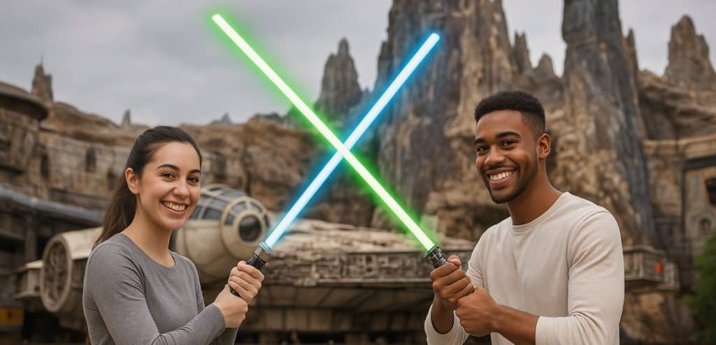 Gen Z Theme Parks - Two Gen Z people battling with light sabers