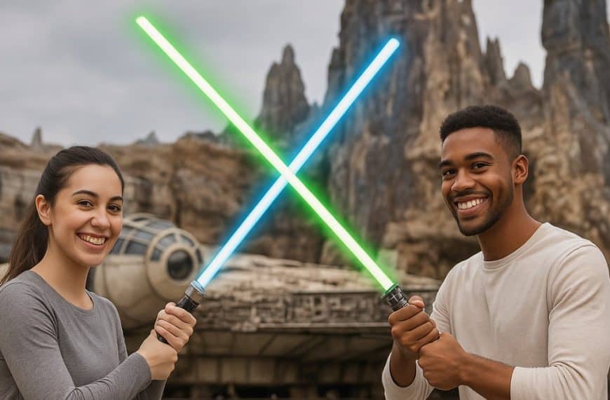 Gen Z Theme Parks - Two Gen Z people battling with light sabers