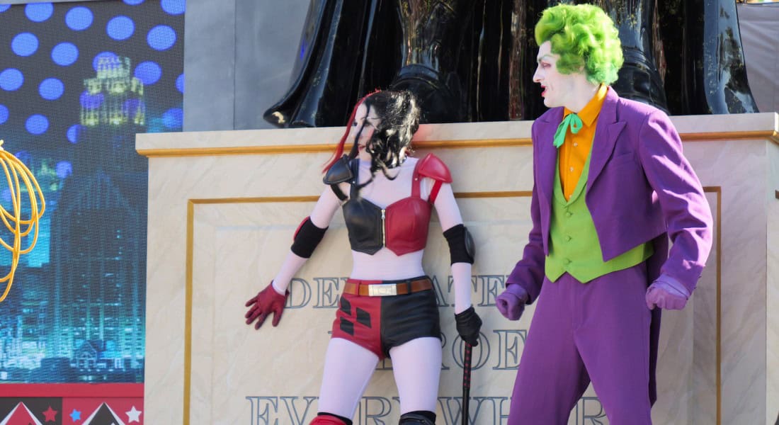 Harley Quinn and the Joker prepare to face off against Wonder Woman. (photo by Joe Tracy for Theme Park Magazine)