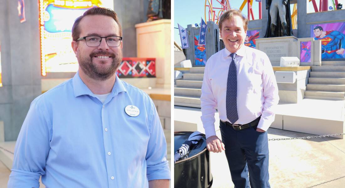 Mike Ostrom, Manager of Entertainment and Events at Six Flags Magic Mountain | Mark Brymer of WOW! Entertainment and the head of production behind the festival. (photo by Joe Tracy for Theme Park Magazine)