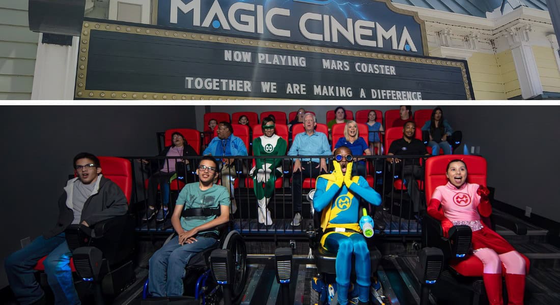 The 4D Magic Cinema is not only accessible, but includes an option to disengage motion. (Top photo by Stephanie Kaplan for Theme Park Magazine. Bottom photo courtesy of Morgan's Wonderland)