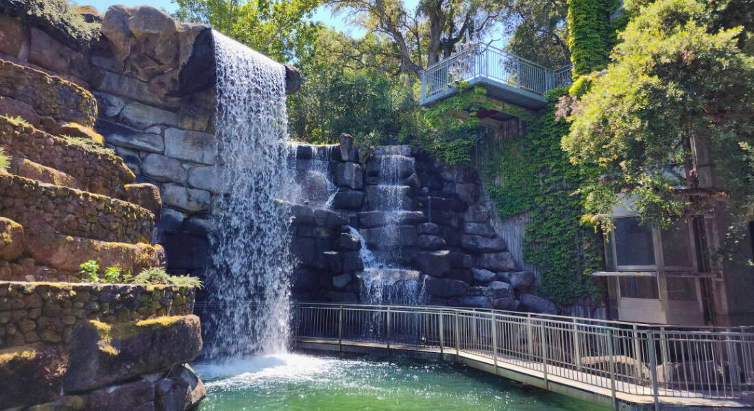 Bonfante Falls is both incredible and unique. It was designed to show five different types of natural waterfalls (you are seeing two in this photo). Michael Bonfante also wanted an elevator to go to a topside viewing platform (both pictured), but unfortunately it was never completed. (Photo by Joe Tracy for ©Theme Park Magazine)