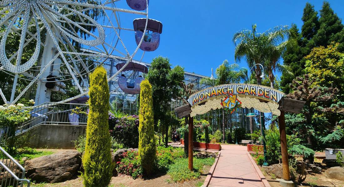 Rising 60 feet high, the climate-controlled Monarch Garden greenhouse (in the background) shelters hundreds of tropical and subtropical species that require protection from Gilroy's local climate. The train and monorail also "cross paths" in the building. (Photo by Joe Tracy for ©Theme Park Magazine)