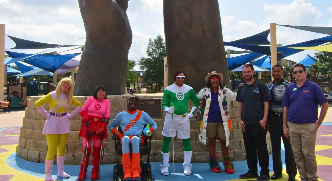 Some Morgan's Wonderland Superheroes, along with Spencer Bollettieri,  Richard Pretlow, and others. (photo by Stephanie Kaplan for Theme Park Magazine)
