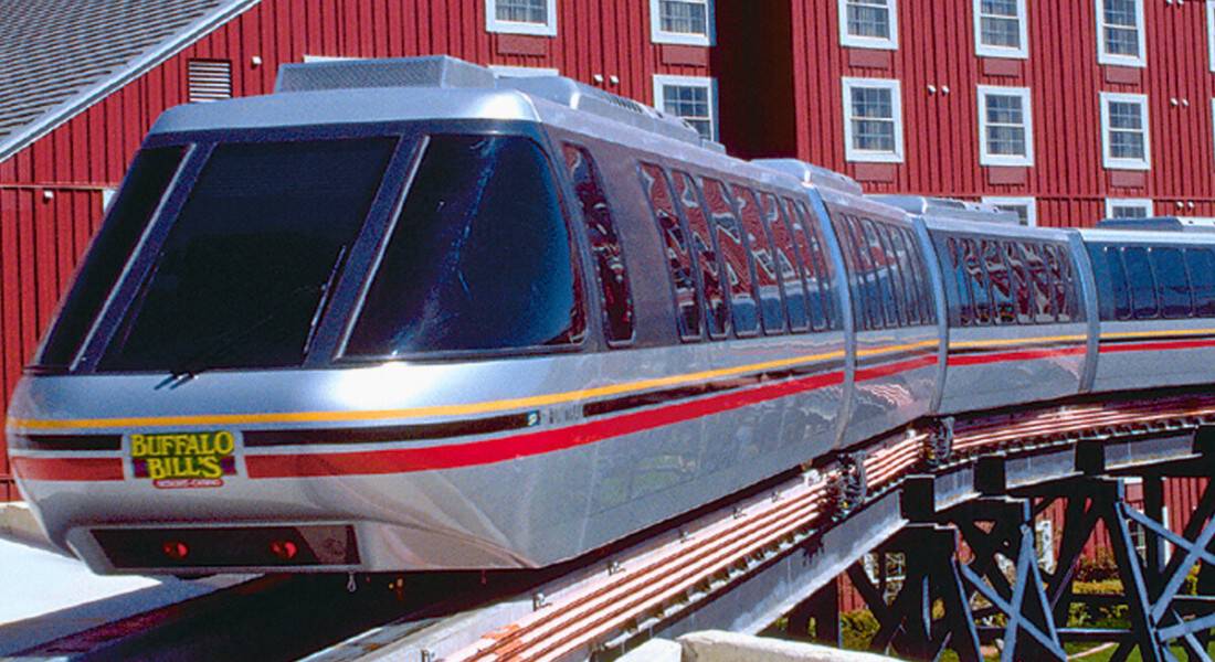 SDI Unitrak at Buffalo Bill's. It is a self-propelled transit system derived from monorail technology. It opened in 1999. (photo by Schwager Davis, Inc.)