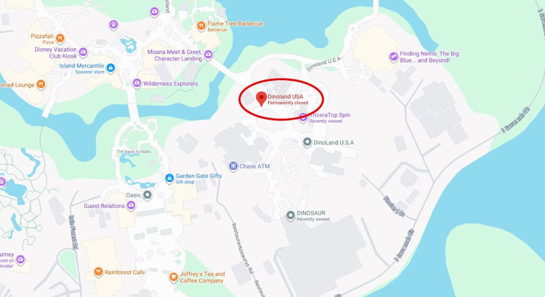 Google Maps showing Dinoland U.S.A. as "Permanently closed."