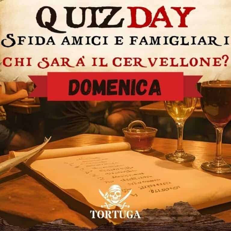 Quiz Day al Tortuga Bay RistoPub: sfida tra amici e famigliari con un divertente quiz domenicale, atmosfera accogliente, drink e ottimo cibo per un'esperienza unica.