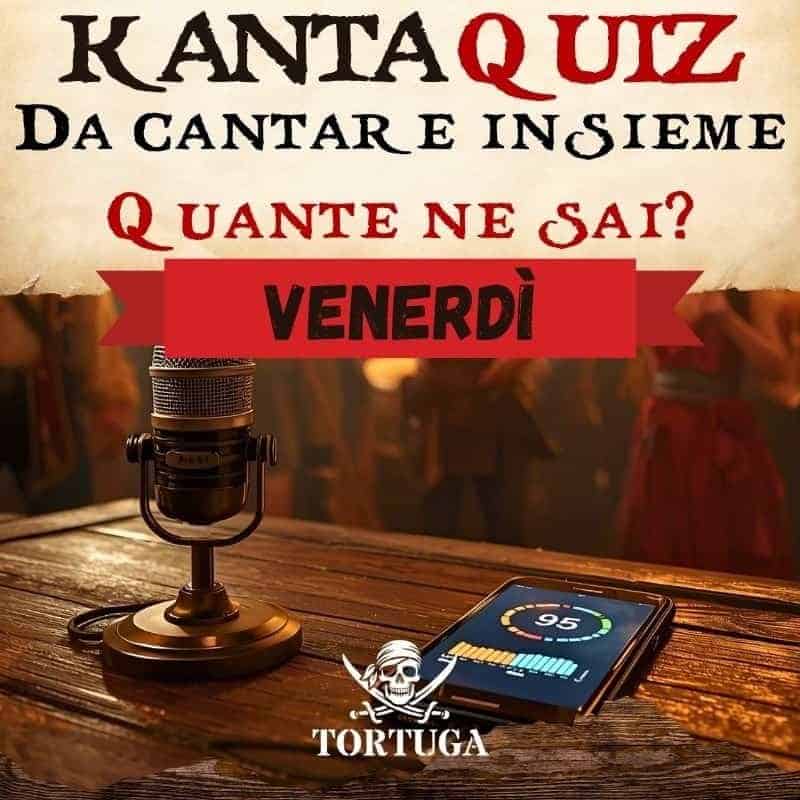 Immagine di un microfono e smartphone con grafico, promozione evento Karaoke e Quiz al Tortuga Bay RistoPub.