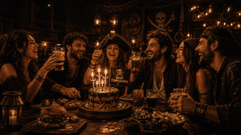 Gruppo di amici festeggia un compleanno al Tortuga Bay RistoPub con torta, drink e atmosfera festosa in un ambiente accogliente e decorato con luci calde.