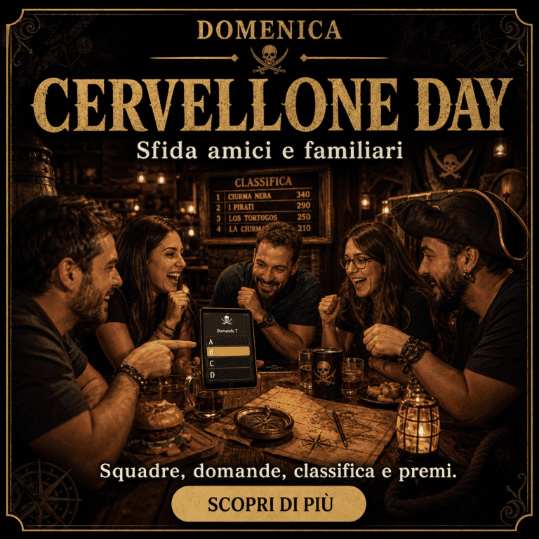 Gruppo di amici che si diverte a Cervellone Day al RistoPub Tortuga Bay, con atmosfera calda e accogliente, tavolo con cibo e drink, sfida tra squadre.