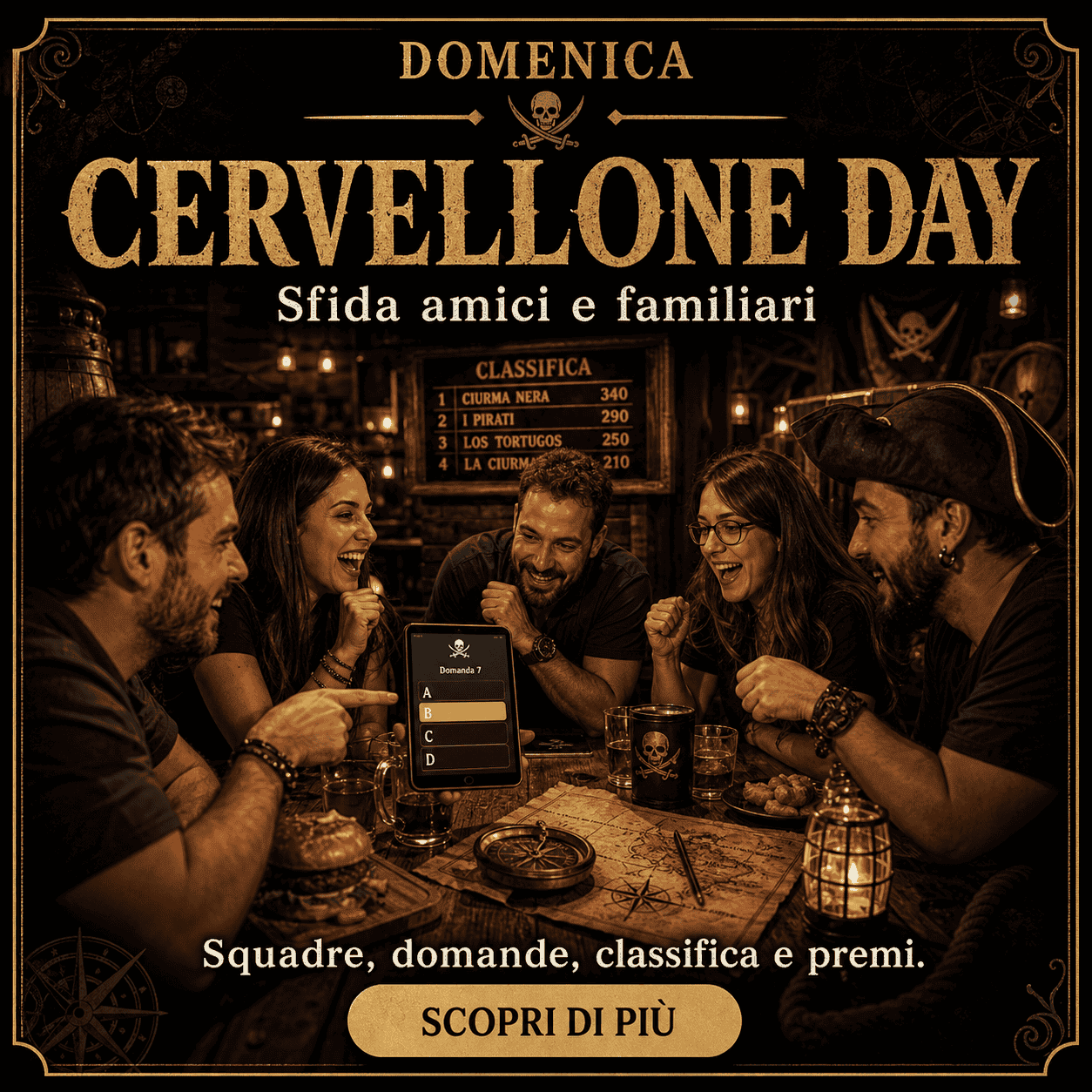 Gruppo di amici che si diverte a Cervellone Day al RistoPub Tortuga Bay, con atmosfera calda e accogliente, tavolo con cibo e drink, sfida tra squadre.