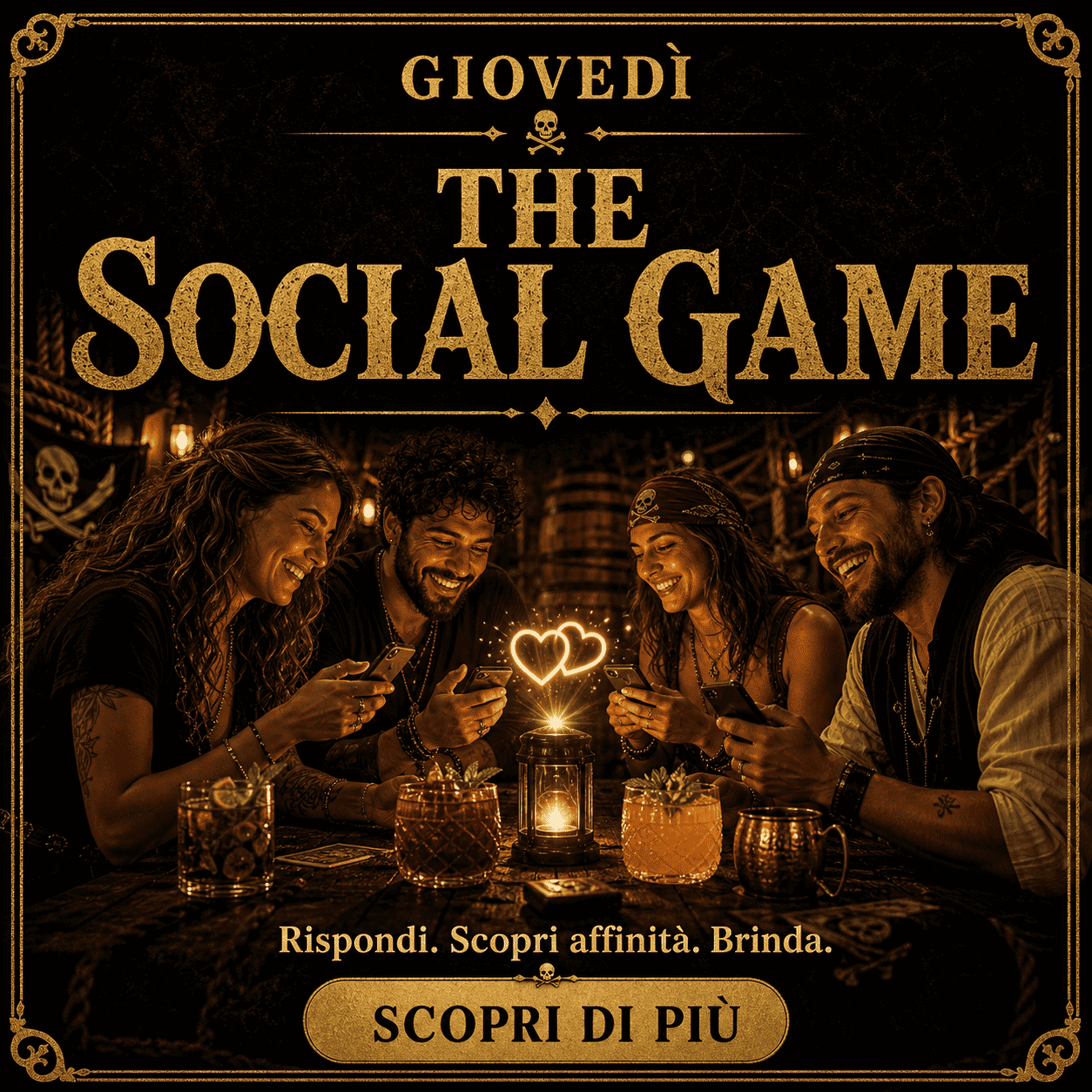 Gruppo di amici che gioca a un gioco sociale in un pub con luci calde e atmosfera accogliente, perfetto per serate di divertimento e socializzazione.