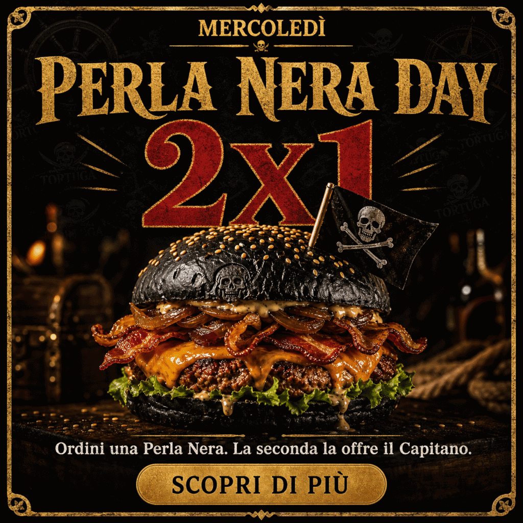 Burger con pane nero, carne, bacon e salsa, decorata con bandiera pirata, promozione 2x1 al Tortuga Bay RistoPub.