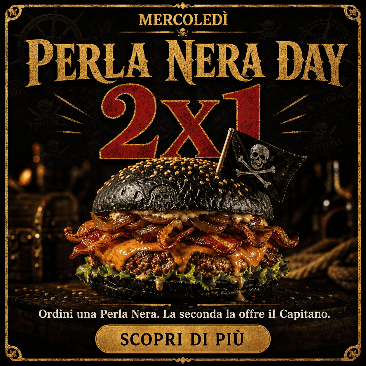 Burger con pane nero, carne, bacon e salsa, decorata con bandiera pirata, promozione 2x1 al Tortuga Bay RistoPub.