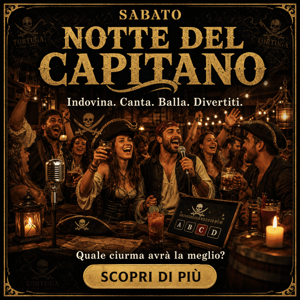 Evento Notte del Capitano al RistoPub Tortuga Bay con musica, balli e divertimento in un'atmosfera piratesca.