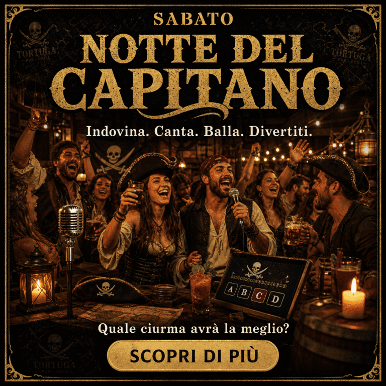 Evento Notte del Capitano al RistoPub Tortuga Bay con musica, balli e divertimento in un'atmosfera piratesca.