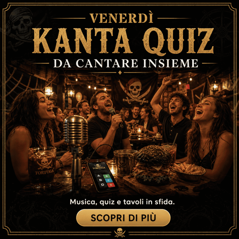 Serata di quiz musicale e tavoli sfida al Tortuga Bay con atmosfera vivace e pubblico divertito.
