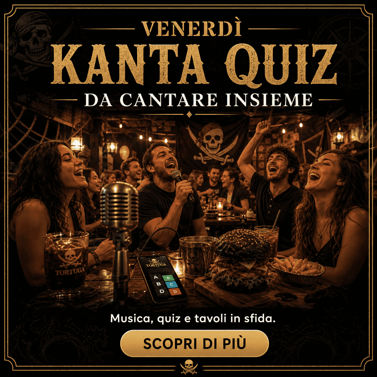 Serata di quiz musicale e tavoli sfida al Tortuga Bay con atmosfera vivace e pubblico divertito.