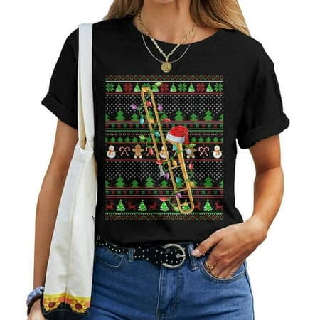 Ugly Xmas Tee for Women Lighting Trombone Christmas Sweater Style Holiday Cotton T-Shirt for Adults Casual Winter Outfit Size 4XL Color Black