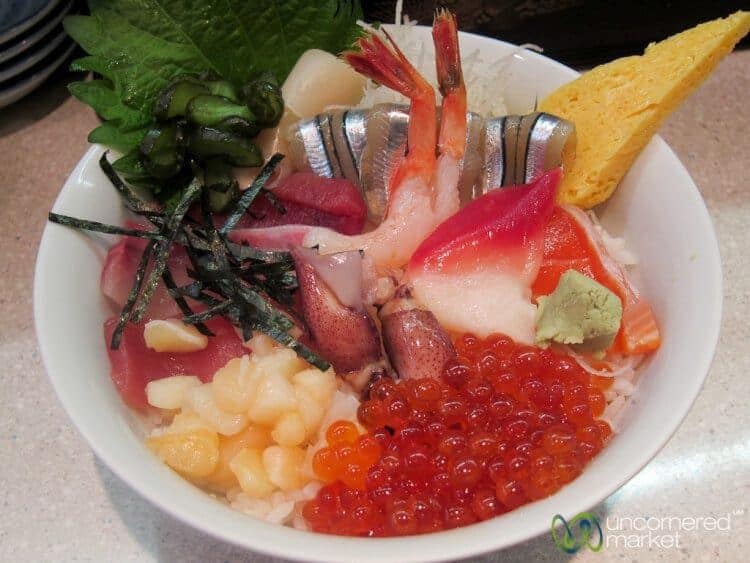 Sushi breakfast at Tsukiji fish market in Tokyo, Japan.
