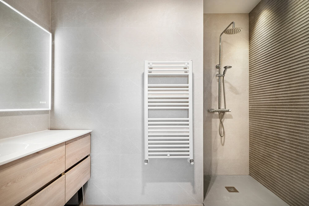 Toilet,With,Open,Shower,,White,Radiator,,Cabinet,And,Rectangular,Mirror