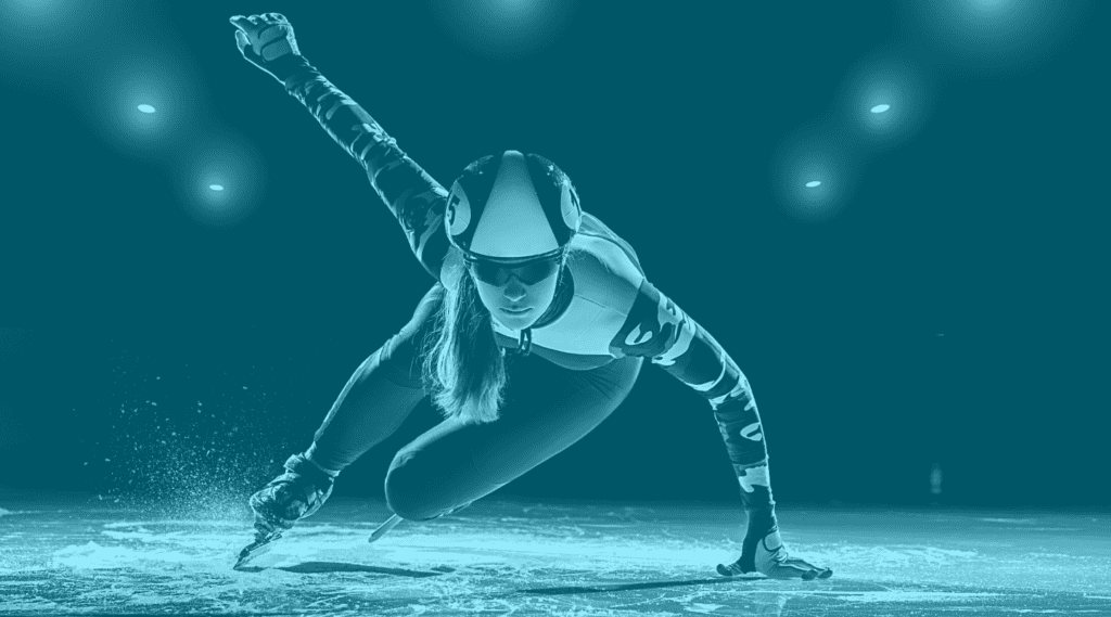 Woman speed skating touches ice with one hand