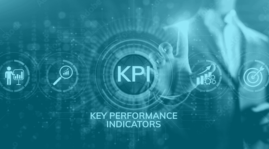 Hand reaching for KPI Key Performance Indicators on transparent screen