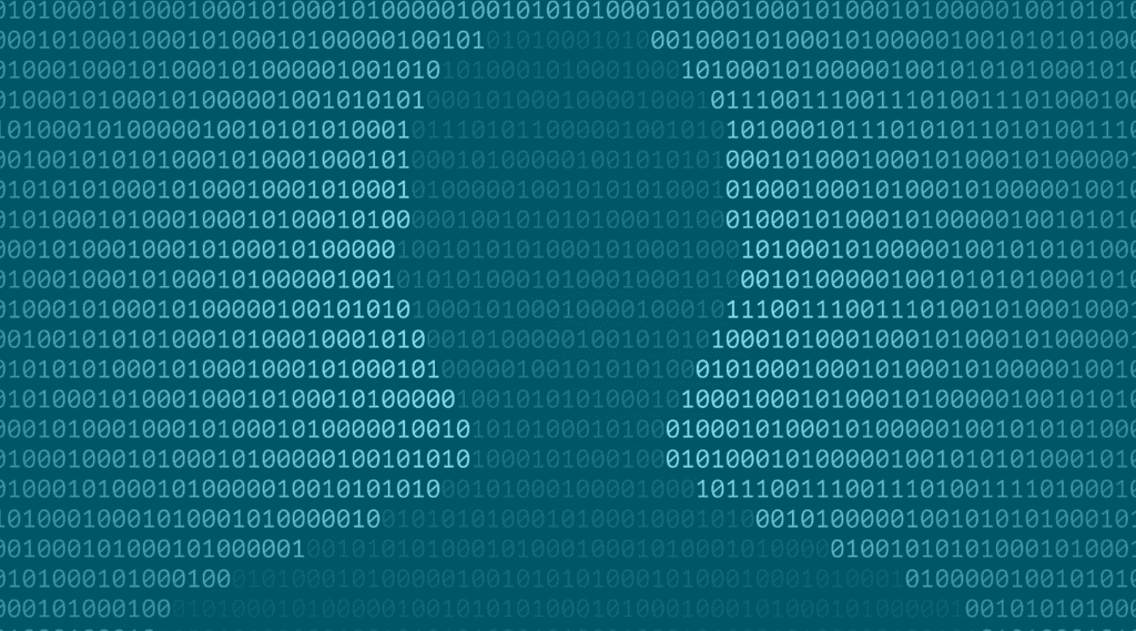 Person's profile shadow across screen of 0s and 1s