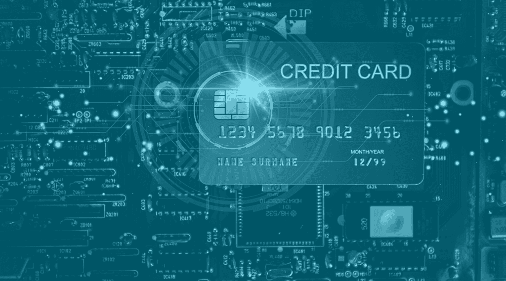 Credit card superimposed over motherboard
