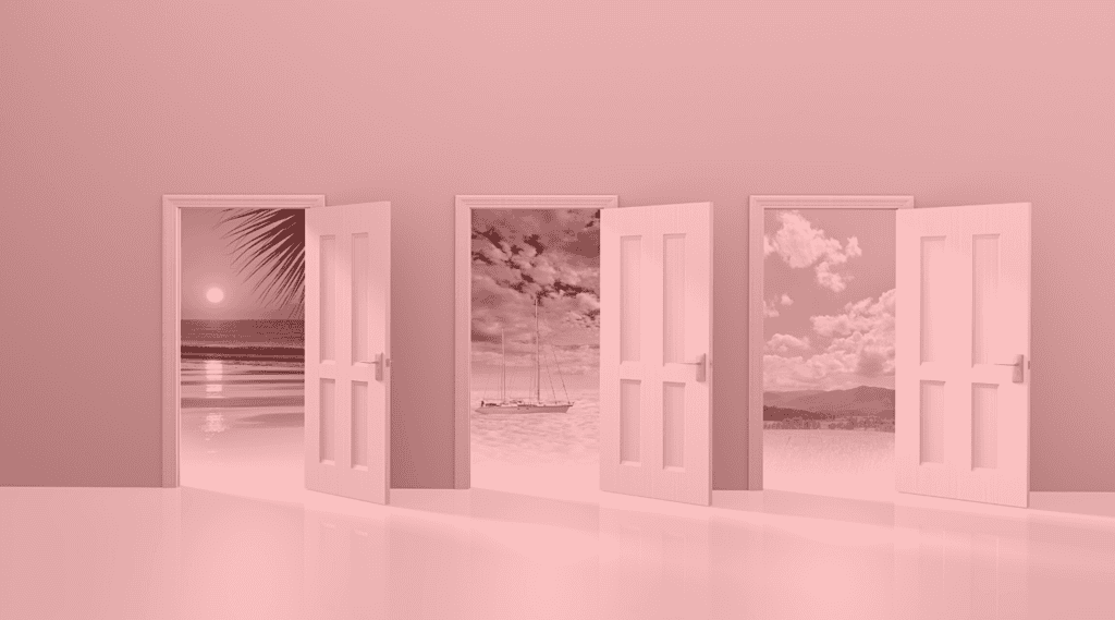 Three open doors showing different landscapes beyond to explain concept of SEPA as another payment option for high-risk merchants in e-commerce