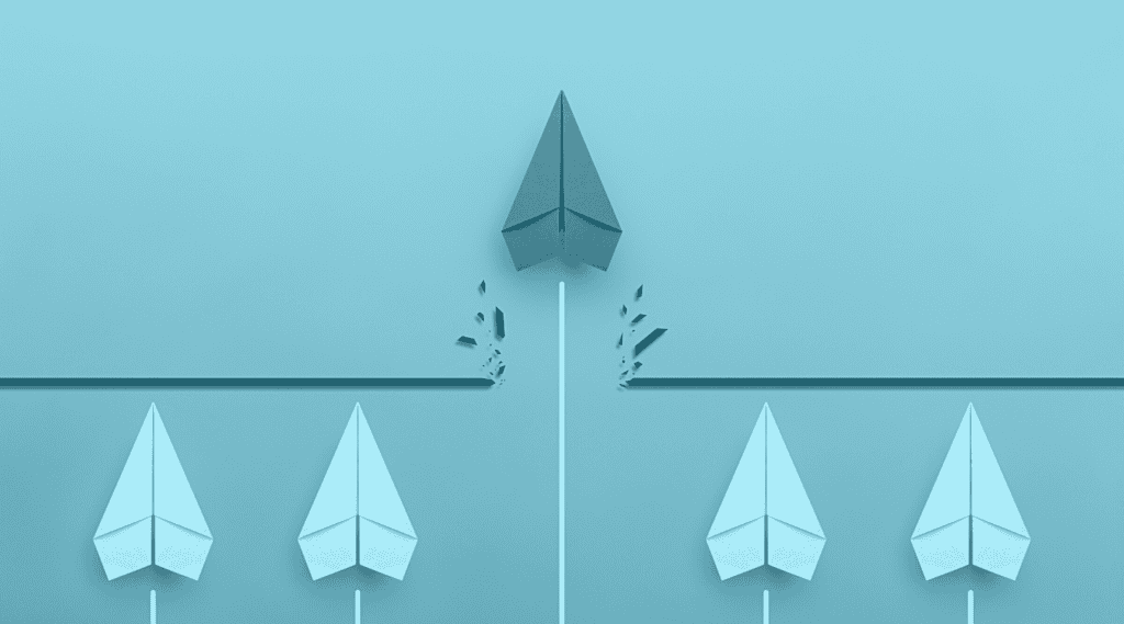 Line of paper airplanes with one breaking through a line to the other side