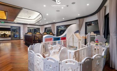 Modern indoor kids play area with colorful toys on wooden flooring, luxurious decor, and large windows.