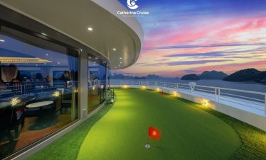 Luxurious cruise balcony with panoramic sea view during sunset in Vietnam.