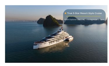 Luxurious yacht cruising Halong Bay, Vietnam, on a 5-star resort-style cruise experience.